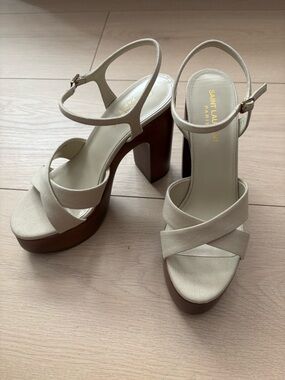 Saint Laurent Cream Cross‑Strap Platform Sandals with Brown Block Heel